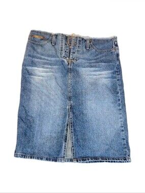 Vintage Y2K L.E.I. Blue Jean Denim Knee Length Lace Up Mini Skirt Juniors Size 7